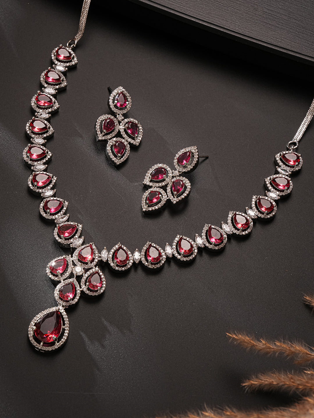 Silver Toned Ruby Red AD Studded Statement Delicate Necklace Jewellery Set